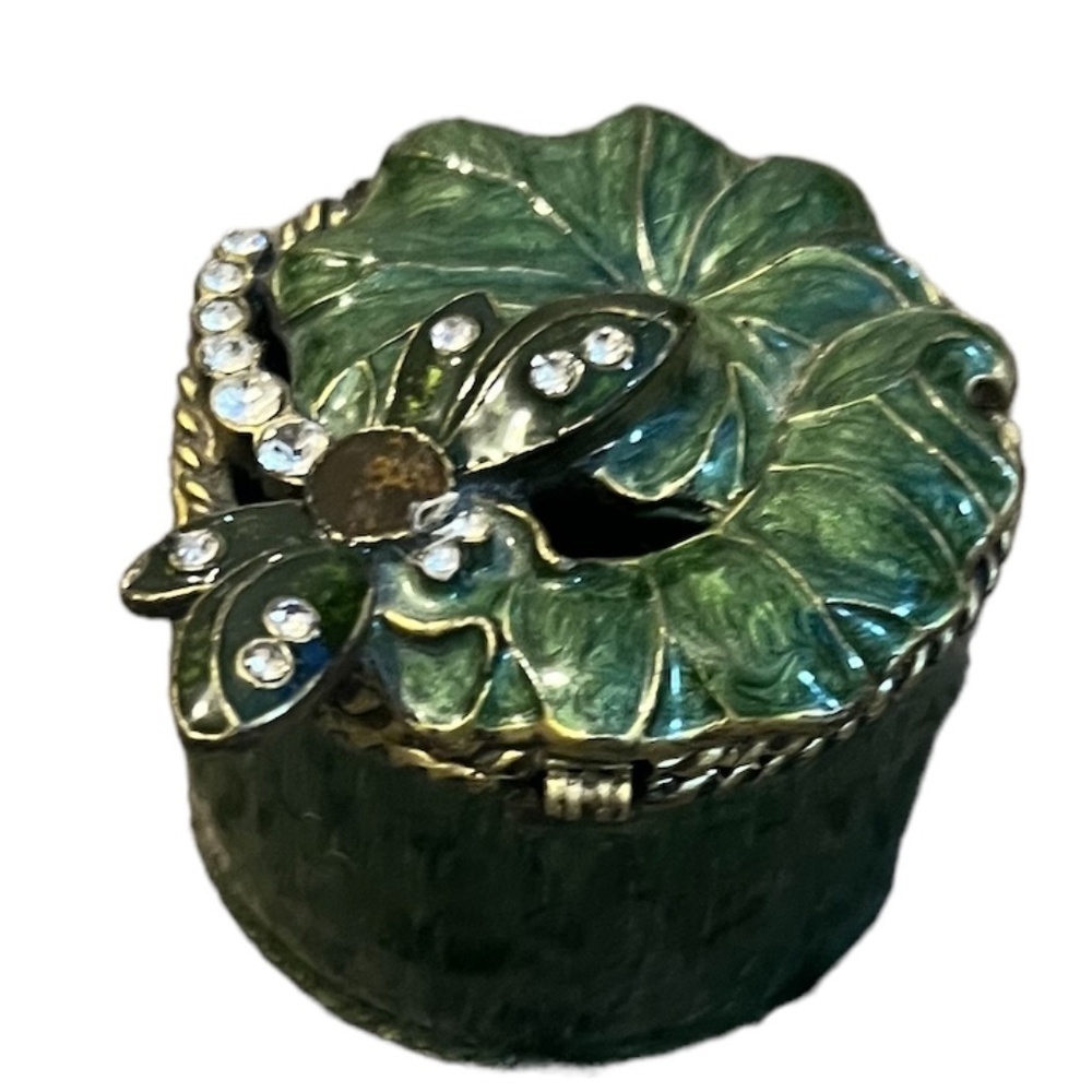 Dragonfly Lily‎ Pad Green Enameled Metal Rhinestone Heavy Trinket Box,